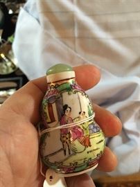 hand painted Chinese snuff bottle with jade topper