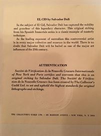 El Cid by SALVADOR DALI original etching from the Spanish Immortals series.Authentication or reverse by The Collector's Guild Ltd.
