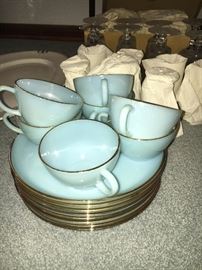 Blue Fire King snack sets--14 pieces.