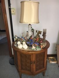 Vintage lamp table with simulated marble inset; matching coffee table and another set of end tables also available.