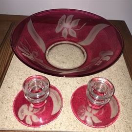 Vintage cranberry flashed glass bowl and matching candle holders, daffodil pattern.