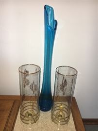 MCM tall blue stretch vase; pair cylinder candleholders.