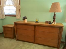 MCM blonde slant-front bedroom group--large double dresser, 5-drawer chest and two 3-drawer end tables.