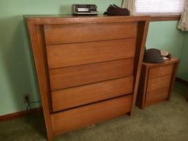 MCM blonde slant-front bedroom group--large double dresser, 5-drawer chest and two 3-drawer end tables.