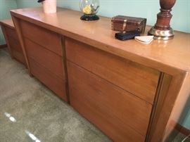 MCM blonde slant-front bedroom group--large double dresser, 5-drawer chest and two 3-drawer end tables.