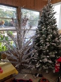 Christmas trees including aluminum vintage silver & pre-lit snow tree. 