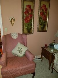 Parlor chair (1 of 2), two long floral prints, wall pocket. 