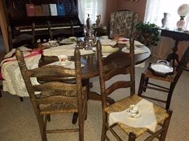 Dining table & ladder back chairs, silver plate tea service, cups & saucers, & more. 