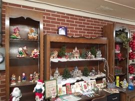 Wooden 3 piece entertainment center, Christmas village, & more Christmas décor. 