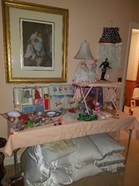 Barbie & Midge doll case, Elvis doll, Lucy doll, vintage Barbie dolls, pillows, & framed art. 