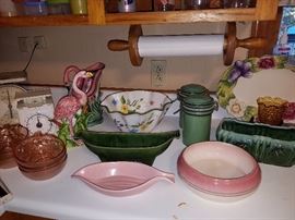 Pottery pieces, pink glass, & more. 
