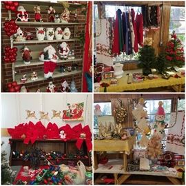 Christmas including Santa collection, bows, Ty Beanie Babies, linens, & more. Metal store shelves are also for sale. 