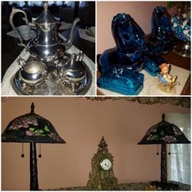 Silver plate on copper tea set, Smith glass horse book ends, stained glass table lamps & mantle clock. 