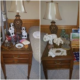 End tables with leather inlay (matching coffee table not pictured), Mexican pottery elephants, table lamps, & more.