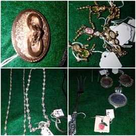 Fine jewelry including sterling silver, gold. Top left is a Victorian mourning pin/broach circa mid to late 1800s. Birthstone baby  charms. 