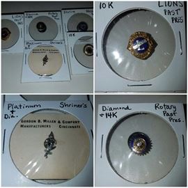 Fine pins/tie tacks including diamond & gold Rotary Past President pin, platinum & diamond Shriner's pin, Gold Lion's Club past president pin, & Masonic 25 (silver) & 50 (gold) year pins Georgia. 