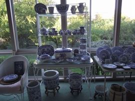 White Wicker & cast iron etagere with glass shelves and more Spode Blue Room Collection