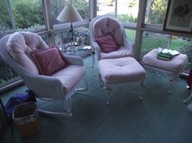 White wicker & cast iron rocker, chair, two ottomans
