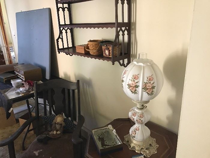 Antique chair, shelf table & milk glass lamp (gorgeous!)