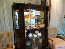 c. 1900 Mahogany Curved Glass China Cabinet - Updated w/ Glass SHelves & LED Lighting (Crown Tusxan, Westmoreland Old Roseville)