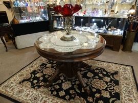 Victorian Center Table & Ruby Glass & Metal Centerpiece, Small ORiental Carpet