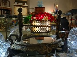 Czech Metal Mirrored Plateau w/ 2 Art Deco Nudes Holding Glass & Metal Lighted Basket topped by Czech Glass Fruit
