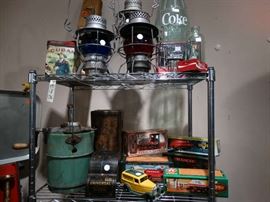 Railroad Lanterns, Giant Coke Bottle, Antique Coke Glass in SIlver Plate Holder, Sm. White Mountain Ice Cream Freezer, Vintage Cuban Cigar Tin & Vintage, Cuban Wooden Cigar Mold - Metal Cash Register Bank - Collection Metal Texaco Oil Trucks