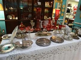 Cranberry Glassware, Silver Plate Serving ITems