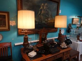 Nice Office Desk w/ Leather, Matched Old Lamps - Lg Ship Painting - Antique Mantle clock w/ Alarm