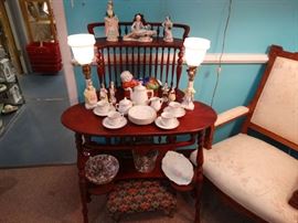 Turn of Century Small Mahogany Etagere & Eastlake Victorian Arm Chair - Small Figures