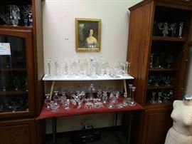 2 Tall Cabinets w/ Table & Riser Full of Great Crystal Candle Sticks
