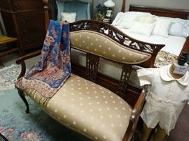 Beautiful Small Art Nouveau Settee - Child's Clothing Form - Another Vintage Mahogany 4-Poster Double Bed, This one w/ Dresser, NIte Stand & Chest