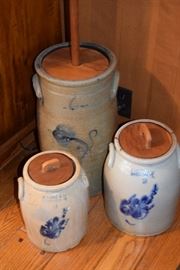 Beautiful Crocks; including Butter Churn and two R. Norton and Company Crocks from Bennington, Vermont. 