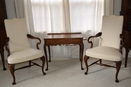 Pair of formal high back chairs and side table
