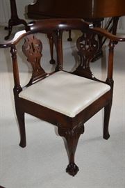 George II- Circa 1740; Mahogany Corner Chair. Cabriole Leg with Ball and Claw Foot. Acanthus Leaf on Knee. Overall height of 31.5". 