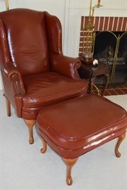 Leather high back chair with matching ottoman