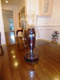 Pair Antique Carved Mahogany Candlesticks with Hurricane Shades