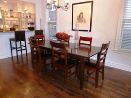 Crate & Barrel Hand Planed Farm Table w/ Self Storing Leaf & 6 Chairs