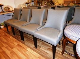 Set of 10 Gray Linen Dining Chairs - Nailhead Detail