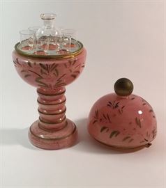 Antique Pink Floral Czech Glass Liquor Decanter