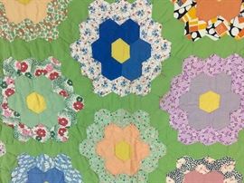 Grandmother's Flower Garden Hand Quilted Antique Quilt 