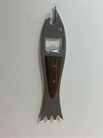 Mid Century Stainless and Teak Fish Bottle Opener