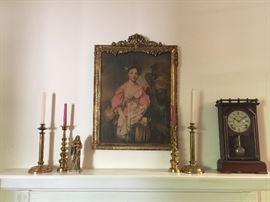 Heavy brass candlesticks, vintage clock