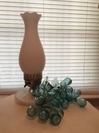 Vintage milk glass lamp and glass grape decor