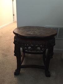 Vintage Asian hand carved side table, marble top. Gorgeous!