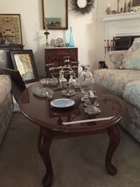 Mahogany coffee table, sofas and silver pieces