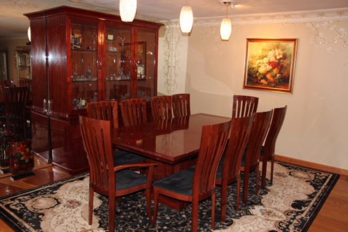 Quality (Like New) Dining Room Table And 10 Chairs With Matching Contemporary Breakfront That Is Great For Display And Storage But Has That Modern Fresh Look