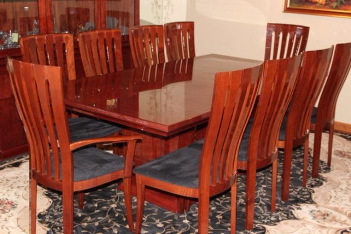 Quality (Like New) Dining Room Table And 10 Chairs With Matching Contemporary Breakfront That Is Great For Display And Storage But Has That Modern Fresh Look