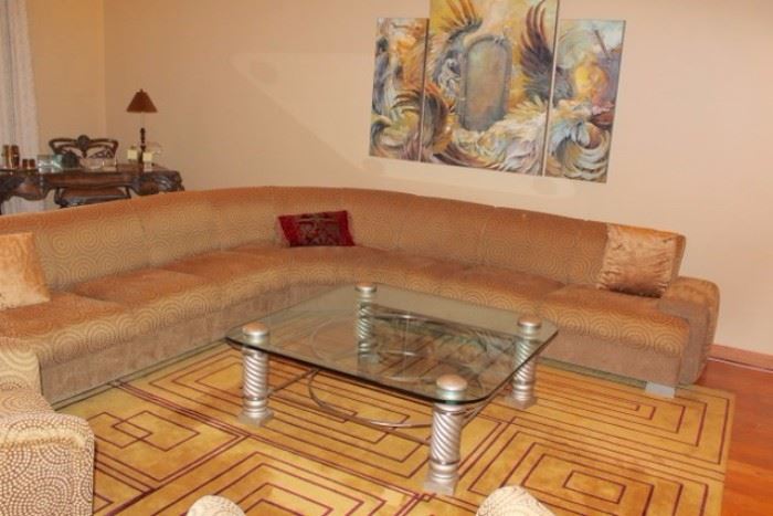 Sectional and Metal & Glass Coffee Table