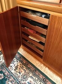 Danish Modern teak display cabinet by Skovby Mobelfabrik.  Two piece, glass doors lift off for easy transporting.  Overall dimensions 80.5" wide, 19" deep, 71.75" tall.  Excellent condition